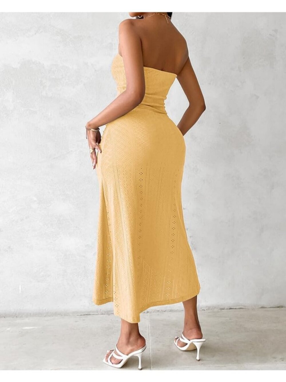 Women's Yellow Polyester Elastane Strapless Asymmetrical Beach Maxi Long Dress - Picture 3 of 6